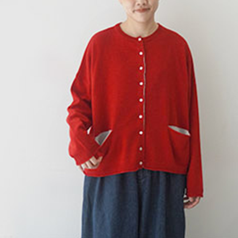 mao made 配色ポケット付きワイドカーディガン /RED＊O.GY55