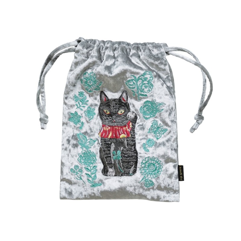Nathalie Lete ナタリー レテ Velour Drawstring Pouch Lucky cat-BK /511406