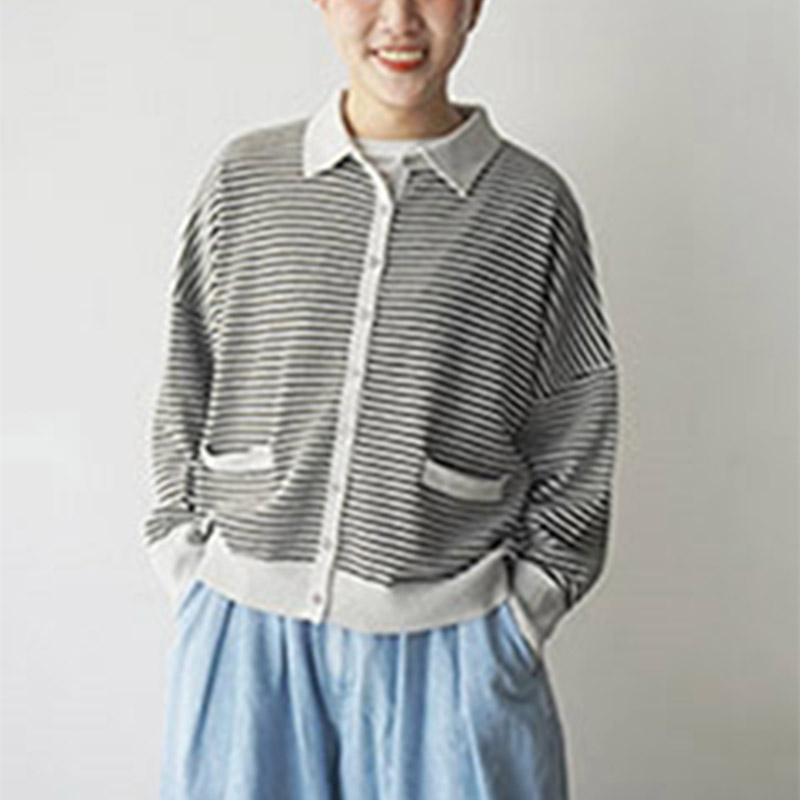 mao made やわらかコットン衿付きカーディガン /GY×BK 811