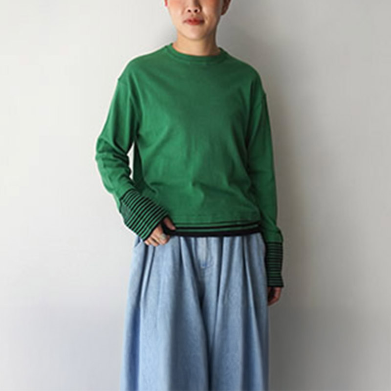 mao made  しなやかコットンレイヤー風ボーダープルオーバー /GR35