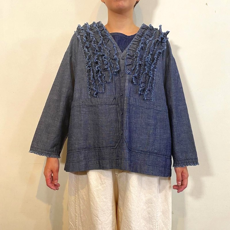 LAITERIE  綿麻スラブデニムフリルジャケット /INDIGO78