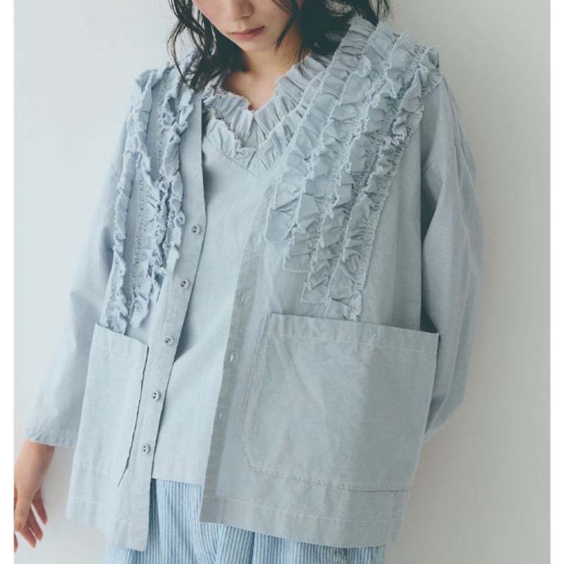 LAITERIE  綿麻スラブデニムフリルジャケット /SAX70