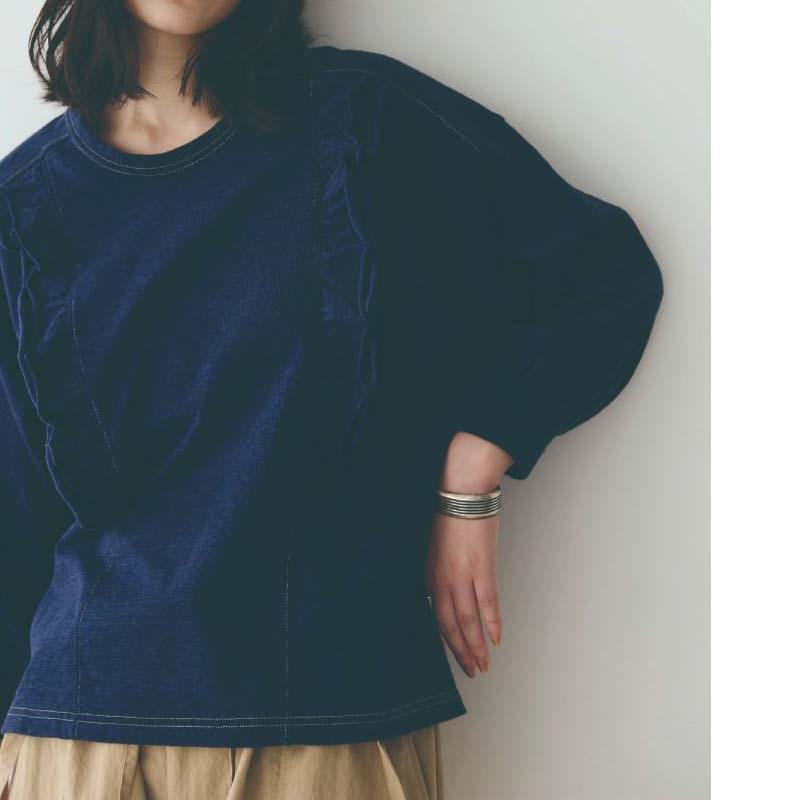 LAITERIE  オーガニックビンテージ8分袖フリルプルオーバー /INDIGO78 【日本製】